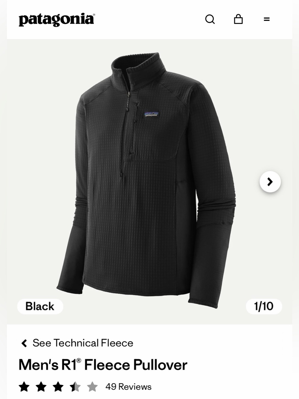 NWT Patagonia Men’s R1 Fleece Pullover  Black - M